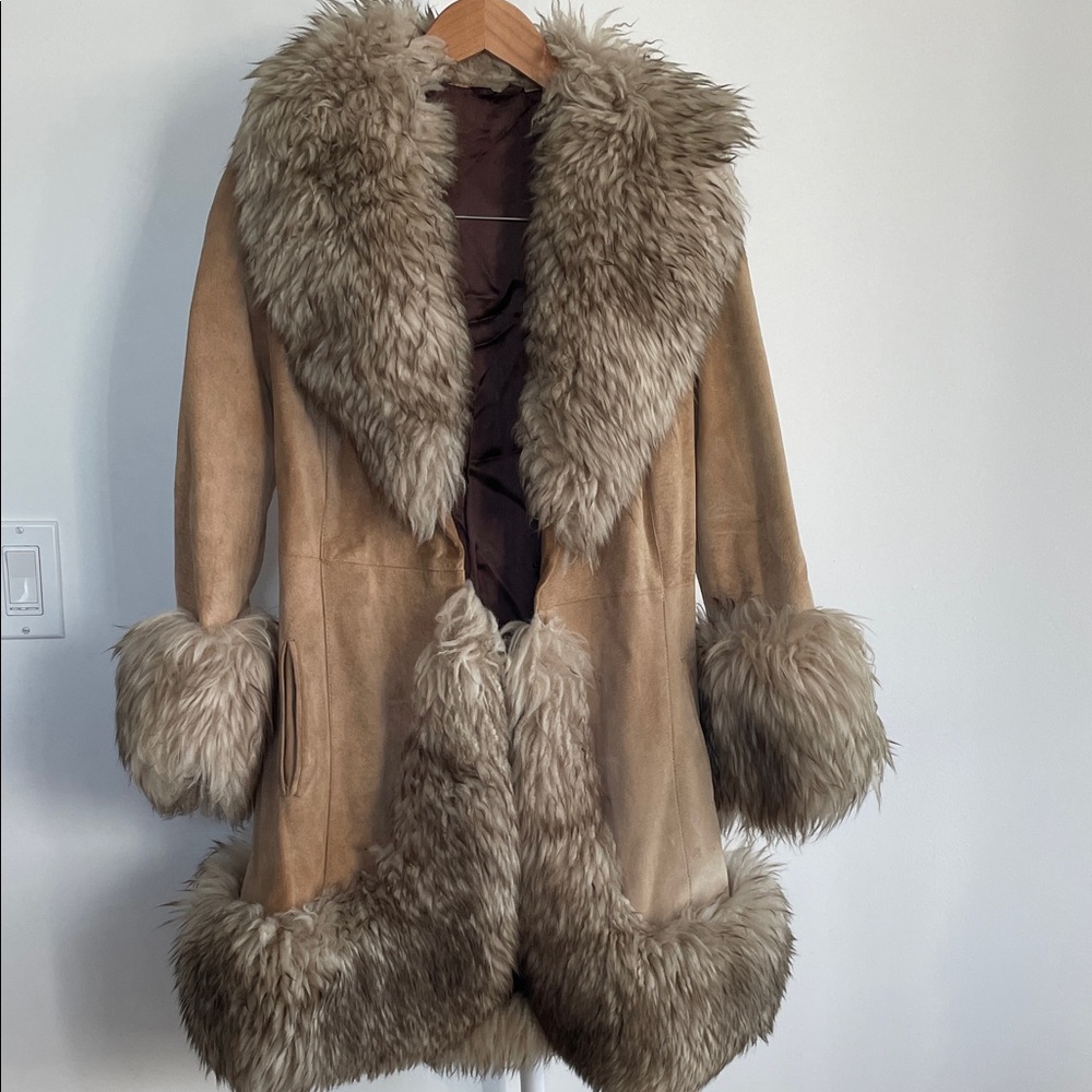 Women's Tan Teddy Jacket with Faux Fur Trim